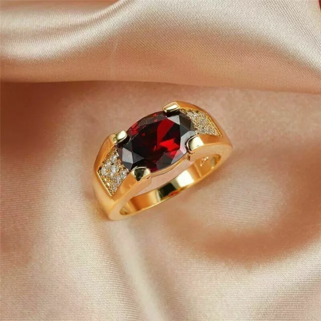 2Ct Oval Cut Red Garnet & Lab Created Diamond Men's Engagement Gold Finish Ring