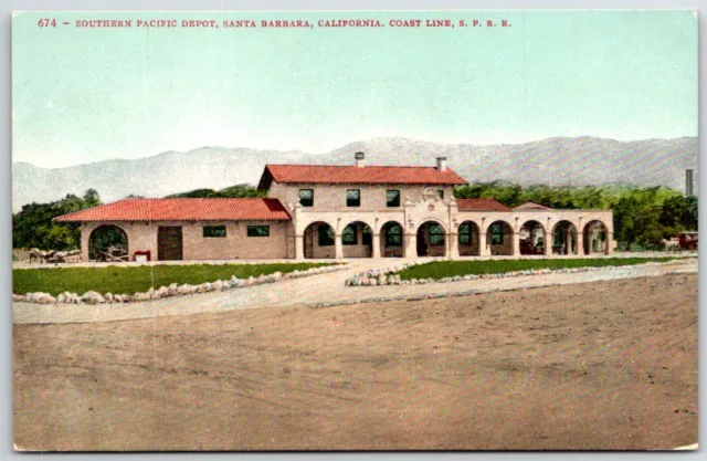 Southern Pacific Depot Railroad Santa Barbara California CA Coast Line Postcard