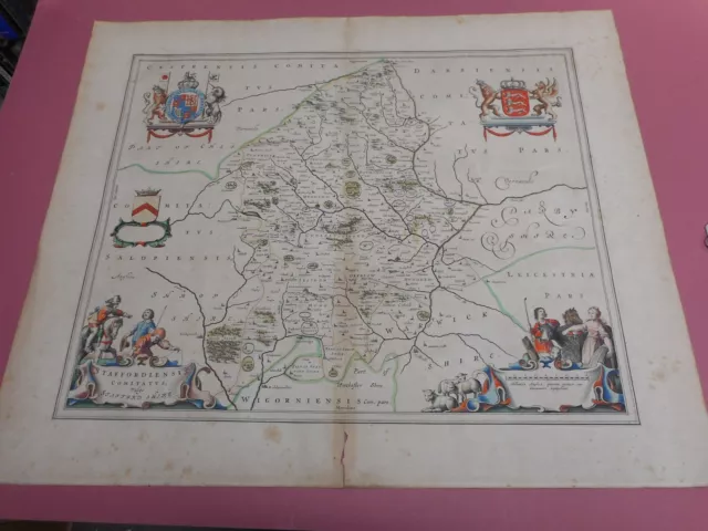 100% Original Large Staffordshire  Map By J Blaeu C1648 Hand Colorued