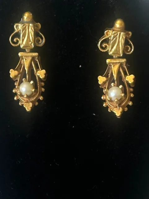 Antique Victorian Design in 14k Yellow Gold Seed Pearl Vintage Earrings