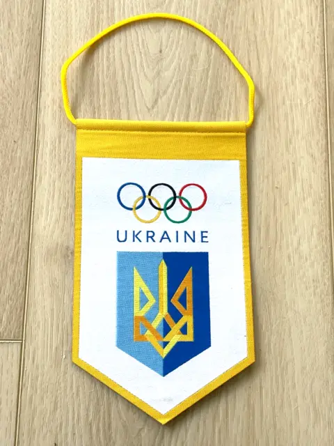 vintage Ukraine Ukrainian Olympic Team Banner Flag with 5 Olympic Rings & Logo