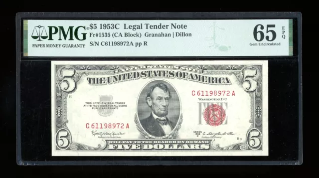 DBR 1953-C $5 Legal Tender Gem Fr. 1535 PMG 65 EPQ Serial C61198972A