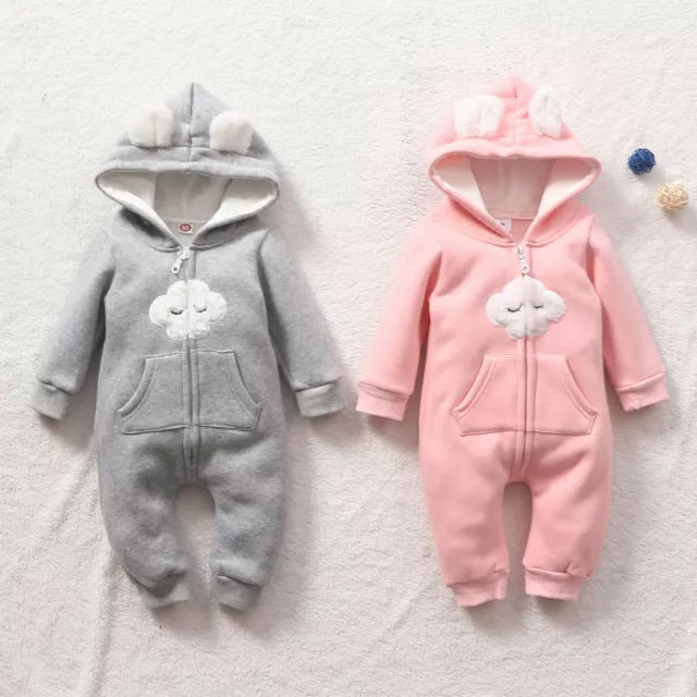 Winter Baby Boys girls Fleece Jumpsuit Hooded Romper Warm Coat Outwear UK
