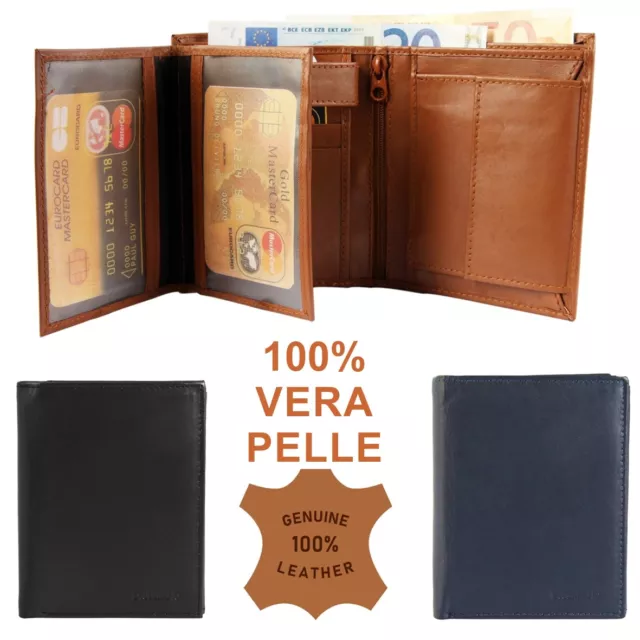 Portafoglio Uomo Vera Pelle 100% Porta Monete Banconote Tessere Carte Documenti