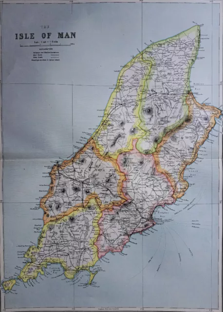 1922 large map of the Isle of Man. 101 yrs old. Antique original. Douglas, Peel.