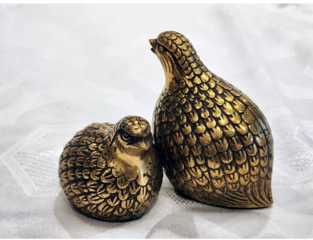 Two Vintage Brass Quail Partridge Bird Figurines Mid Century Modern Paperweight