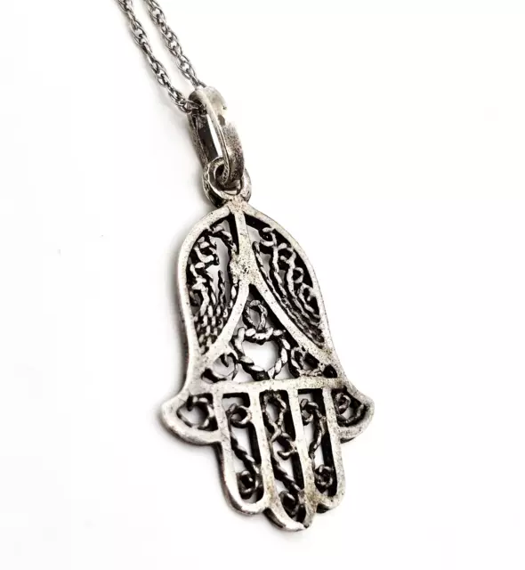 Filigree Hamsa Hand of Fatima open work vintage sterling silver necklace