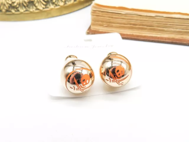 Gold Tone Orange Skull Sword Crossbones Bead Double Sided Stud Earrings BB9