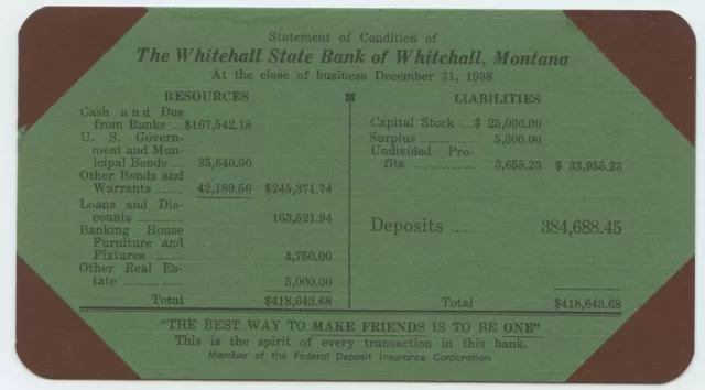 Whitehall State Bank of Whitehall Montana Ink Blotter 1938