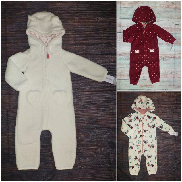 NWT Carters Baby Girls Hooded Fleece Romper Jumpsuit Floral Owl
