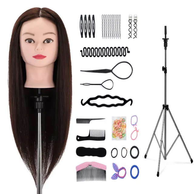 22 inch 100% Real Hair Salon Training Head Hairdressing Mannequin Doll + Tripod