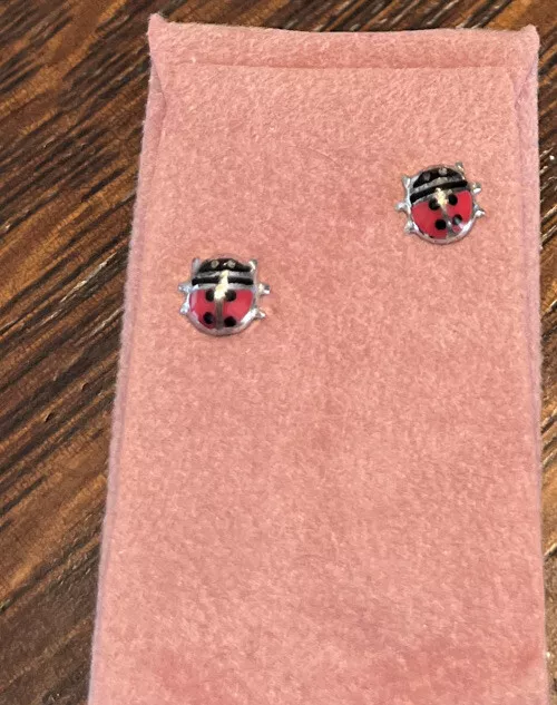 925 Sterling Silver Red Black Ladybug Stud Earrings - for Children