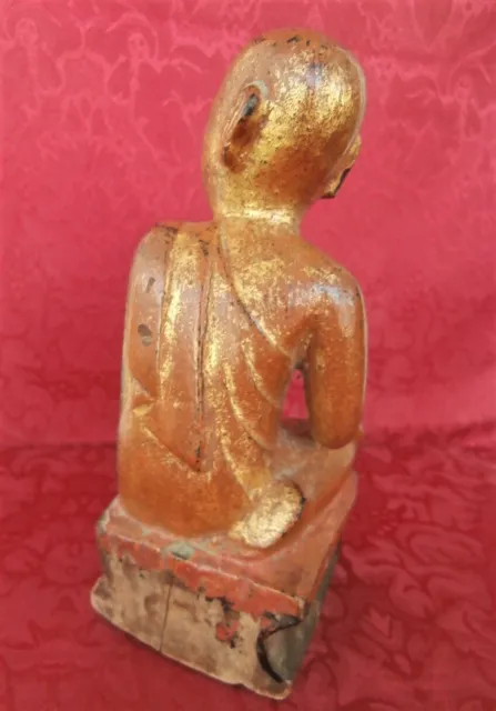 Buddha Disciple Sariputra 19th C. Carved Gilt Wood Statue Burmese Buddhist Art 7