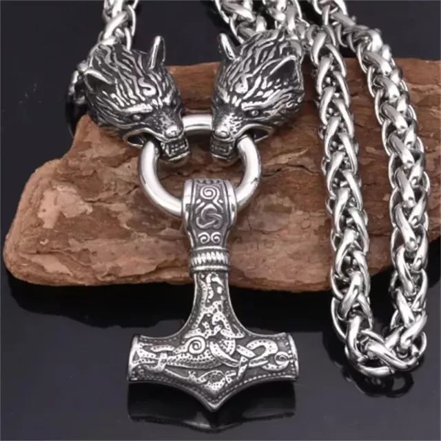 THORS MJOLNIR HAMMER WOLF HEAD Viking Norse God Mens Steel Necklace & Pendant
