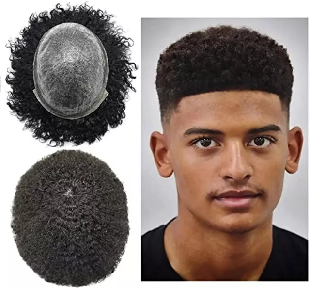 Afro Mens Toupee Full Poly Skin PU Injection 6-14mm Afro Wave Human Hair