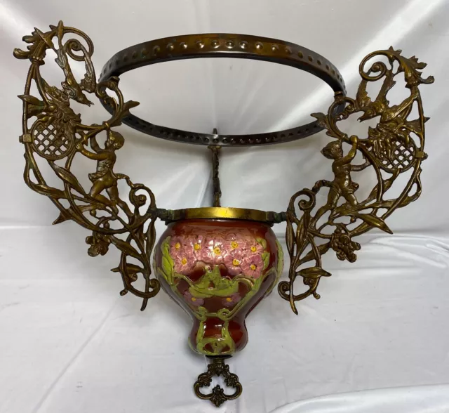 Antique Lg Art Nouveau Bronze Brass Hanging Planter Oil Lamp Chandelier Ceramic