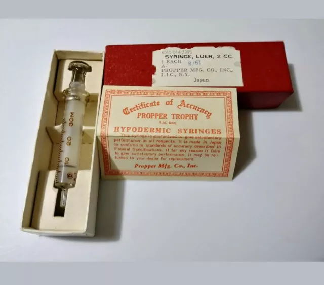 Vintage Propper Mfg Co Inc 1961 Glass Syringe Luer 2cc Medical NOS New Old Stock