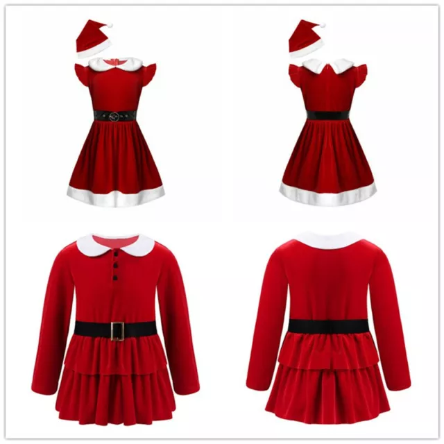 Kids Girls Christmas Party Dress Xmas Santa Claus Coat Fancy Costume Outfit Set
