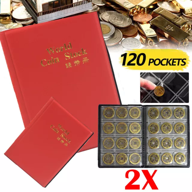 2pcs Red Collecting 120 Pockets World Coin Collection Storage Holder Money Album