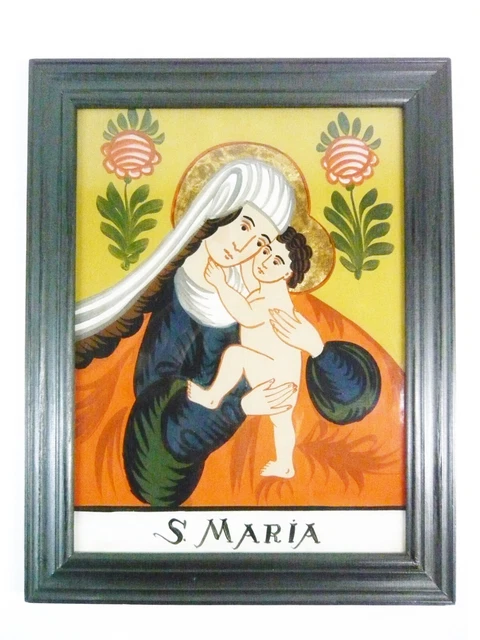 Heiligenbild Hinterglasmalerei mit Blattgold S. Maria mit Kind in Holzrahmen