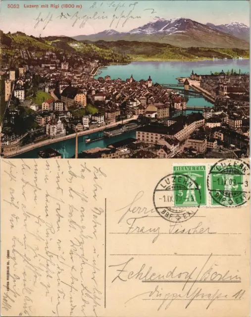 Luzern Lucerna Panorama-Ansicht Stadt Ansicht mit Rigi Alpen Berge 1909