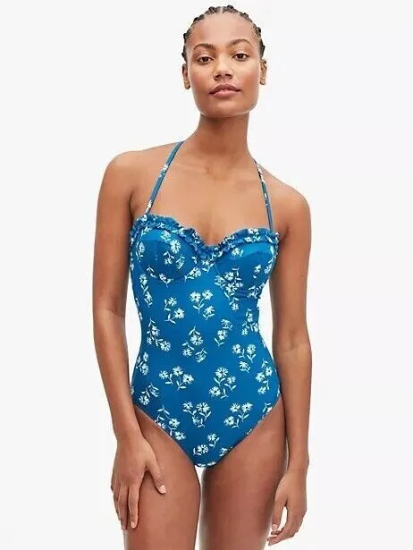 Kate Spade New York Mini-Ruffle Underwire One-Piece Blue Swimsuit Size Medium