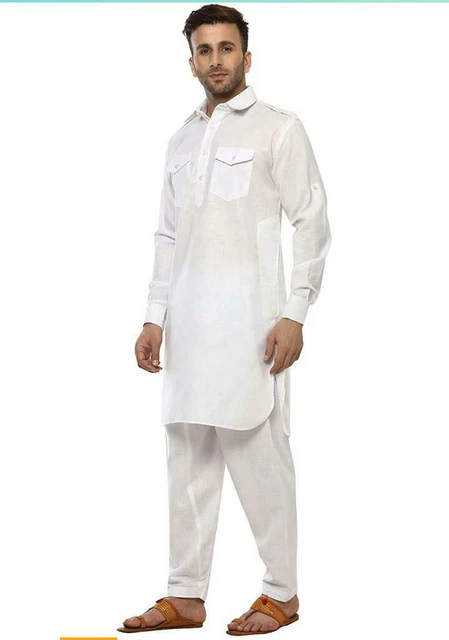 Tunica da uomo in cotone Pathani Kurta Pigiama Set indiano da cerimonia...