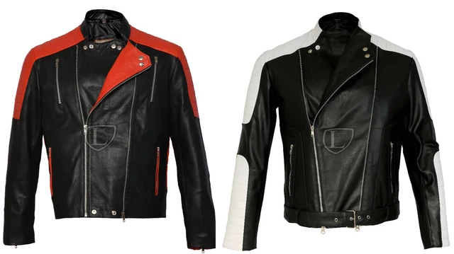 New Men's Brando Classic Biker Black & White Red Motorcycle Real Leather Jacket