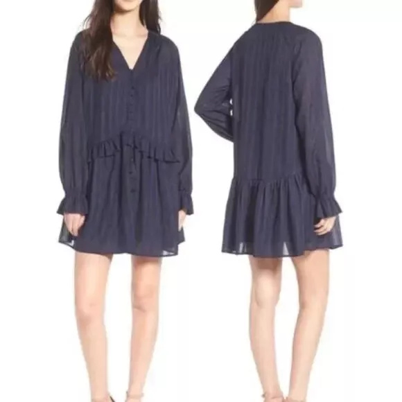 Line + Dot Navy Desi Flounce Striped Button Front Tassel Swing Dress, Medium