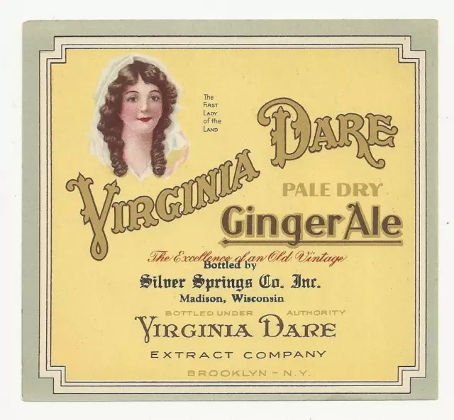 Vintage Virginia Dare Ginger Ale Soda Label by Silver Springs Co. in Madison Wi.