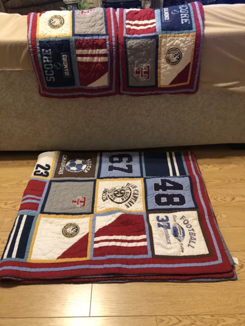 Pottery Barn Teen Twin Quilt Football-Soccer-Track-Baseball -84.5L X 68.5W