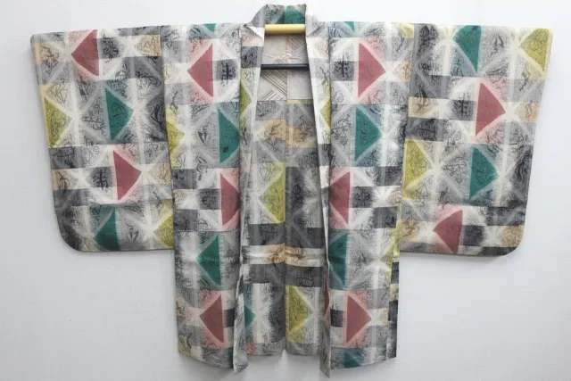 8538F5 Silk Vintage Japanese Kimono Haori Jacket Triangle Meisen 3
