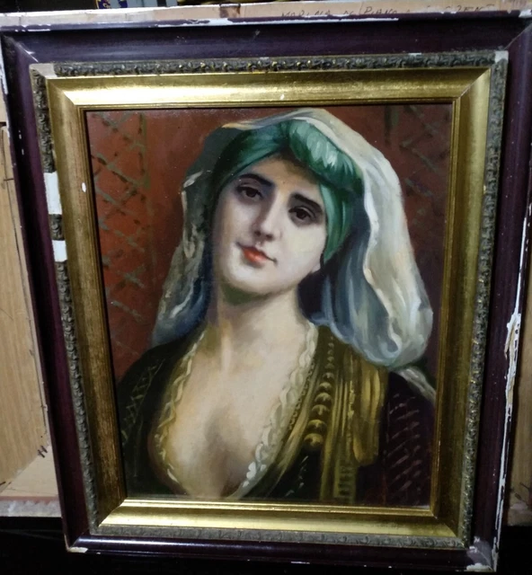 Dipinto Ad Olio Su Compensato Antico Busto Di Donna