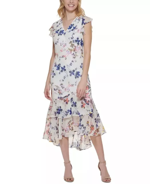 New Tommy Hilfiger Floral White Blue Fit And Flare Midi Dress Size 8 $129