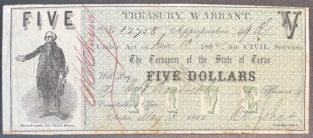5 Dollars - Treasury Warrant State of TEXAS - Obsolete Currency Note #59195