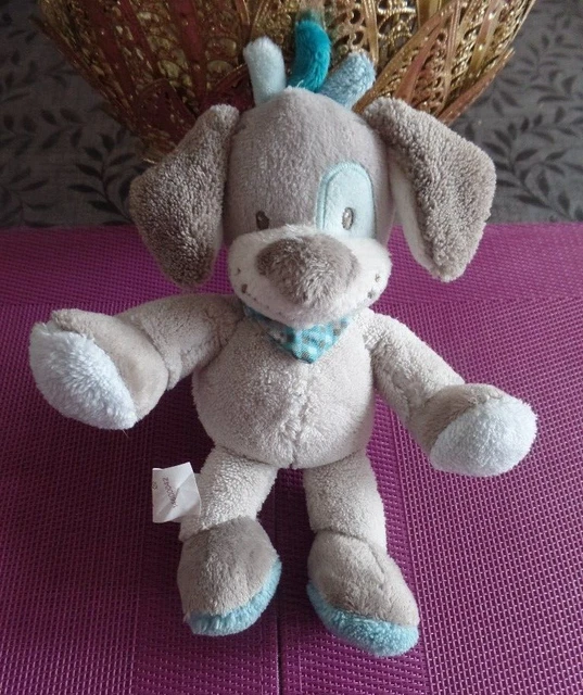 B16G / doudou peluche chien hochet grelot gris bleu Cyril NATTOU