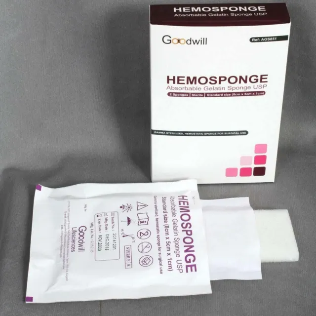 5 x HEMOSPONGE Gelatina Absorbible USP Estéril 2 Esponjas Paquete TAMAÑO 80x50x10mm 3