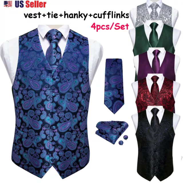 Mens Formal Wedding Waistcoat Paisley Floral Suit Vest Slim Tuxedo Silk Tie Set