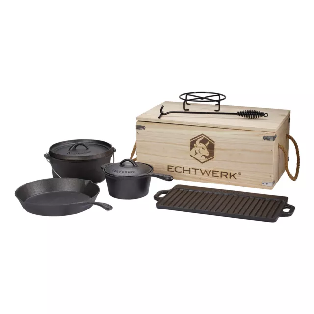 Echtwerk Dutch Oven Set 7tlg Holzkiste Gusseisen Grillset Feuertopfset