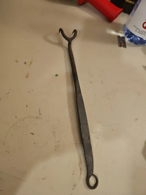 Hand Forged Wrought Iron Butcher Flesh Fork Rat Tail Loop PA Hearth Cooking Ant