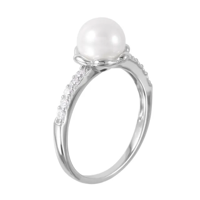 925 Sterling Silver Faux Pearl Ring W/  Lab Created Simulate Diamond  Sz 5-9