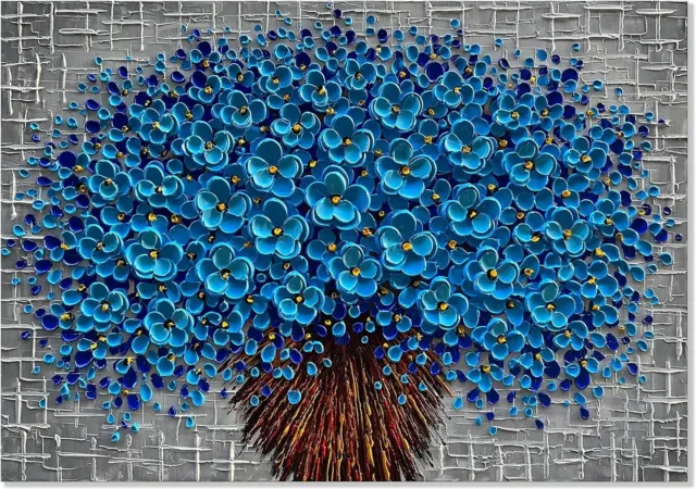 Art Oil Painting On Canvas Flower Modern Large 40x28 In Blue Framed Abstract