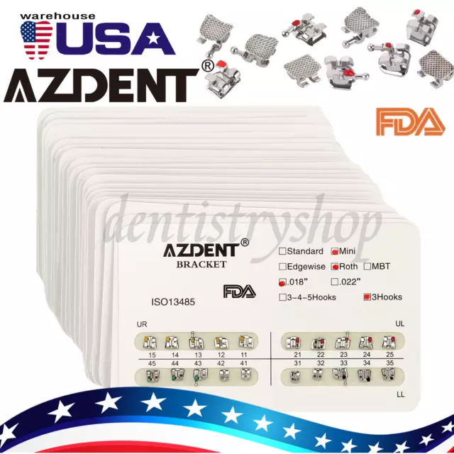 10X AZDENT Dental Ortho Brackets Mini/Standard MBT/Roth 022/018 Hooks 3 4 5