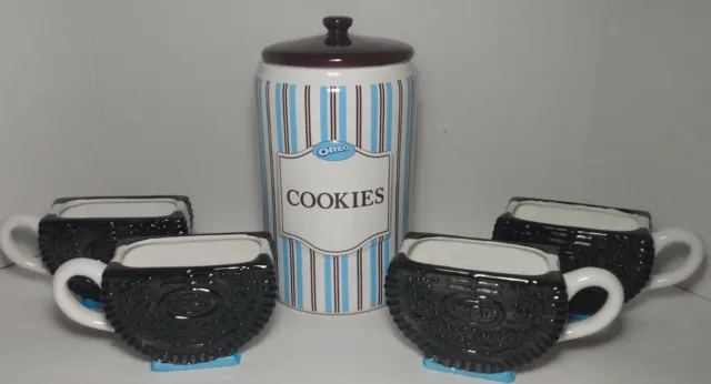 Vintage 3 Nabisco OREO Cookie Mugs Block DIP & ENJOY & Oreo Cookie Jar *Rare Set