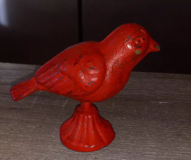 Cast Iron Red Bird Figure on Pedestal - Rustic, Worn, Primitive