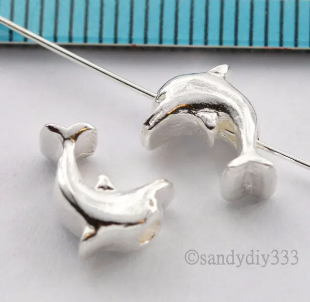 2x BRIGHT STERLING SILVER DOLPHIN SPACER BEADS 9.9mm x 7.6mm (#054)