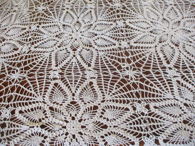 Antique mint cond. hand crocheted ecru table cloth 93" x 78"