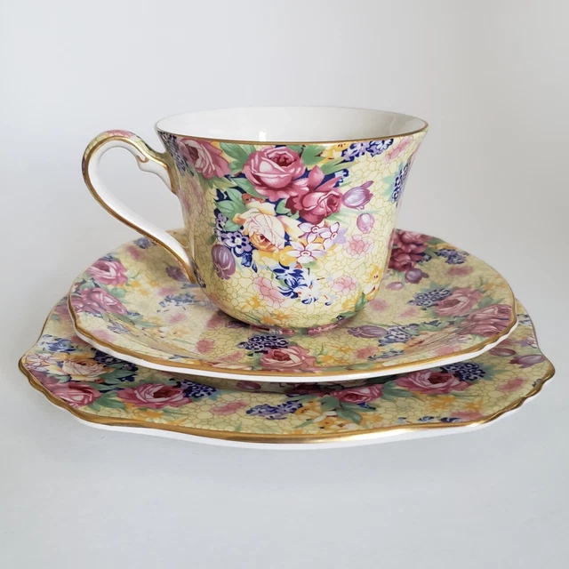 2 Royal Winton Grimwades Welbeck Tea Trios Cup Saucer & Plate Yellow Chintz 1995 2