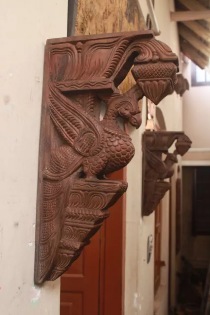 Wooden Wall Bracket Corbel Pair Peacock Statue Bird Suclpture Shelf Support Rare