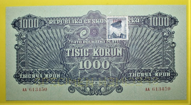 A12 - Czechoslovakia 1000 Kr. 1944 Almost Unc + P. 57 Specimen Banknote W/ Stamp